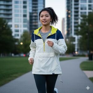 J. Crew New Balance Colorblock Hooded Anorak Jacket Cream Navy Yellow  - Size M